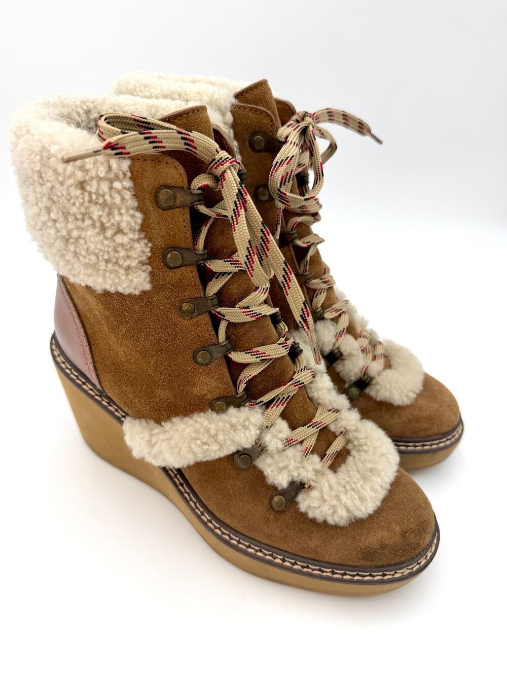 See by Chloe Wedge Ankle Hiking Boots Brown Suede Shearling Size 38 Winter